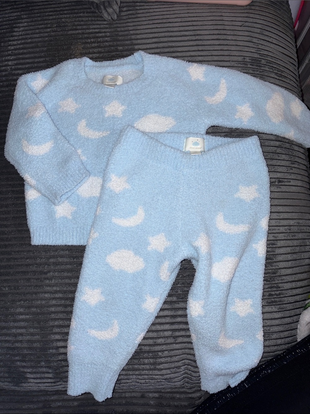 cloud island Light Blue Plush two-Piece Set with White Celestial Motifs